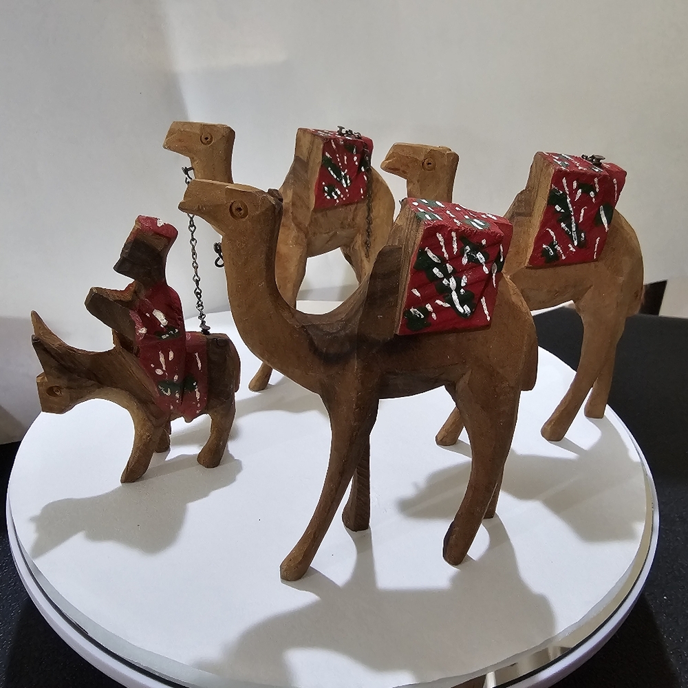 3 Camel Train Hand Carved Wood plus 1 Donkey with Rider 4 Pieces 👀